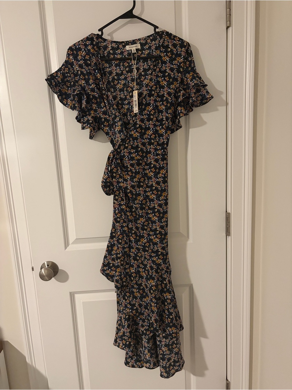Max Studio Navy Floral Ruffle Wrap Midi Dress